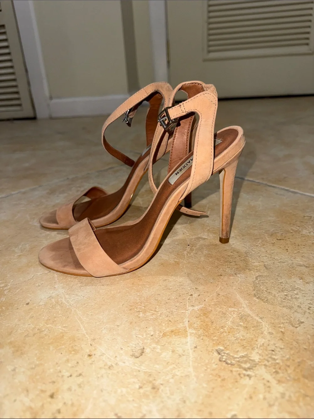 Steve Madden Nude/Tan Suede Ankle-Strap Stiletto Sandals